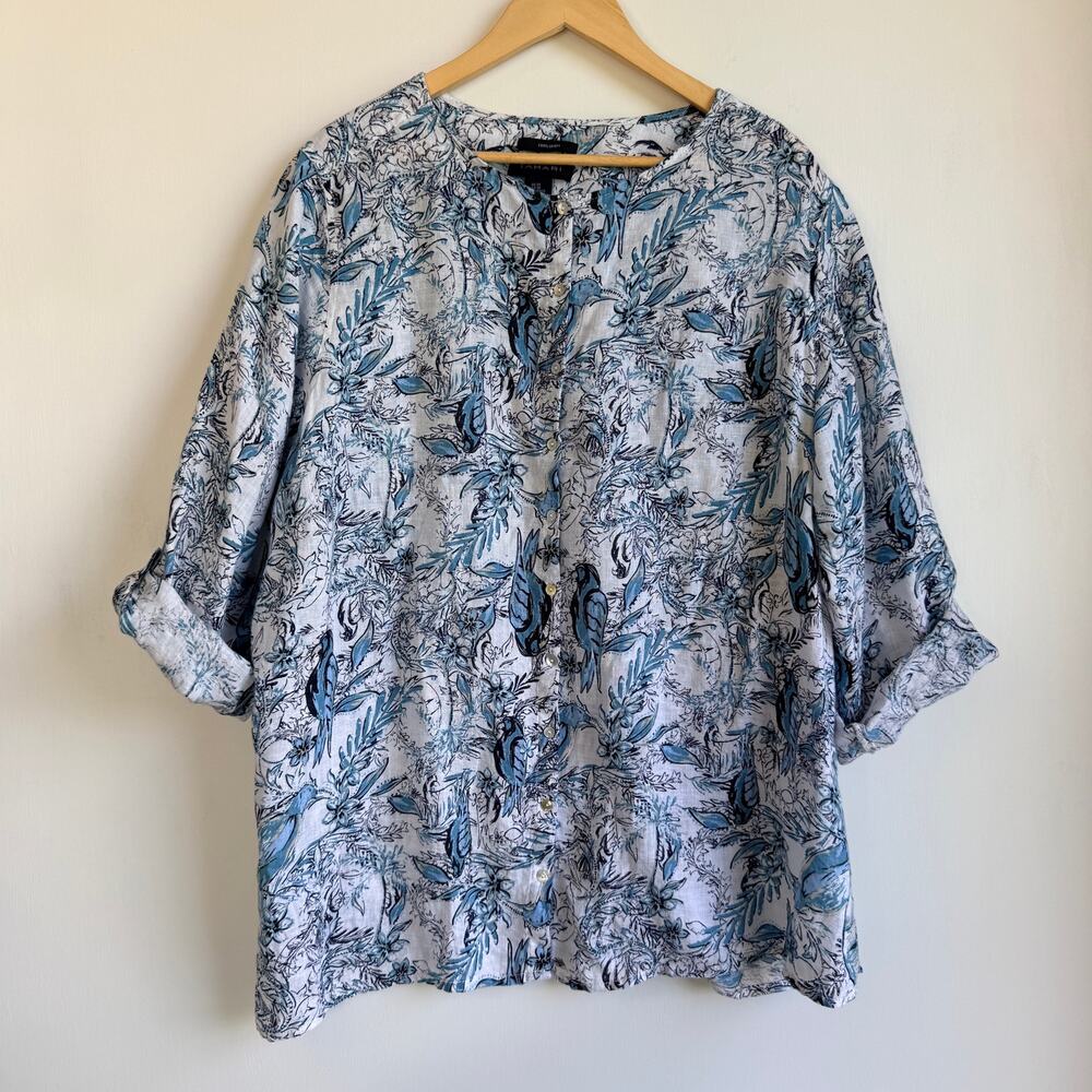 Tahari Linen Button Up Blouse 2X Blue Floral Tropical Bird Print Roll Sleeve